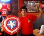 Staff at Pizza Hut with Captain America's Shield and Thor's Hammer.